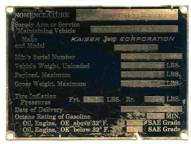 M606 data plate 
SN 137548 (my real jeep SN 137571)
Date of delivery 10-66