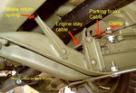 Engine stay cable, brake pedal return spring and the parking brake cable attachment to crossmember -