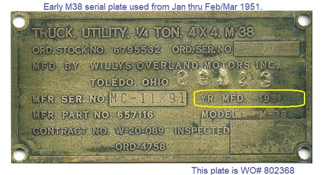 1-9 - Early 1951 serial plate (DOD year only) WO Part # 802367 wo/winch or 802368 w/winch for Jan 1, 1951 thru the end of this contract & -9196 contract w/winch at SN 34151 -