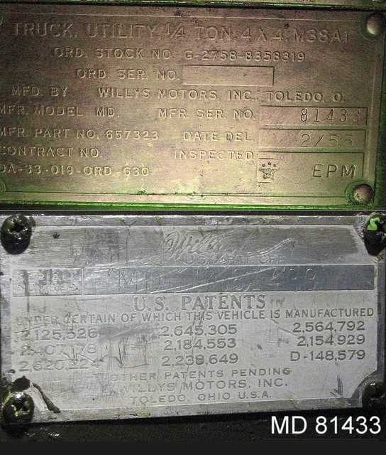 Early Willys M38A1 Patent plate and dash serial plate.