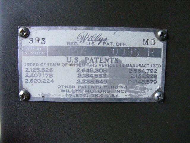 WILLYS OVERLAND JEEP PATENTS  DATA PLATE M38 M38A1 NEKAF M170 KAISER ID TAG